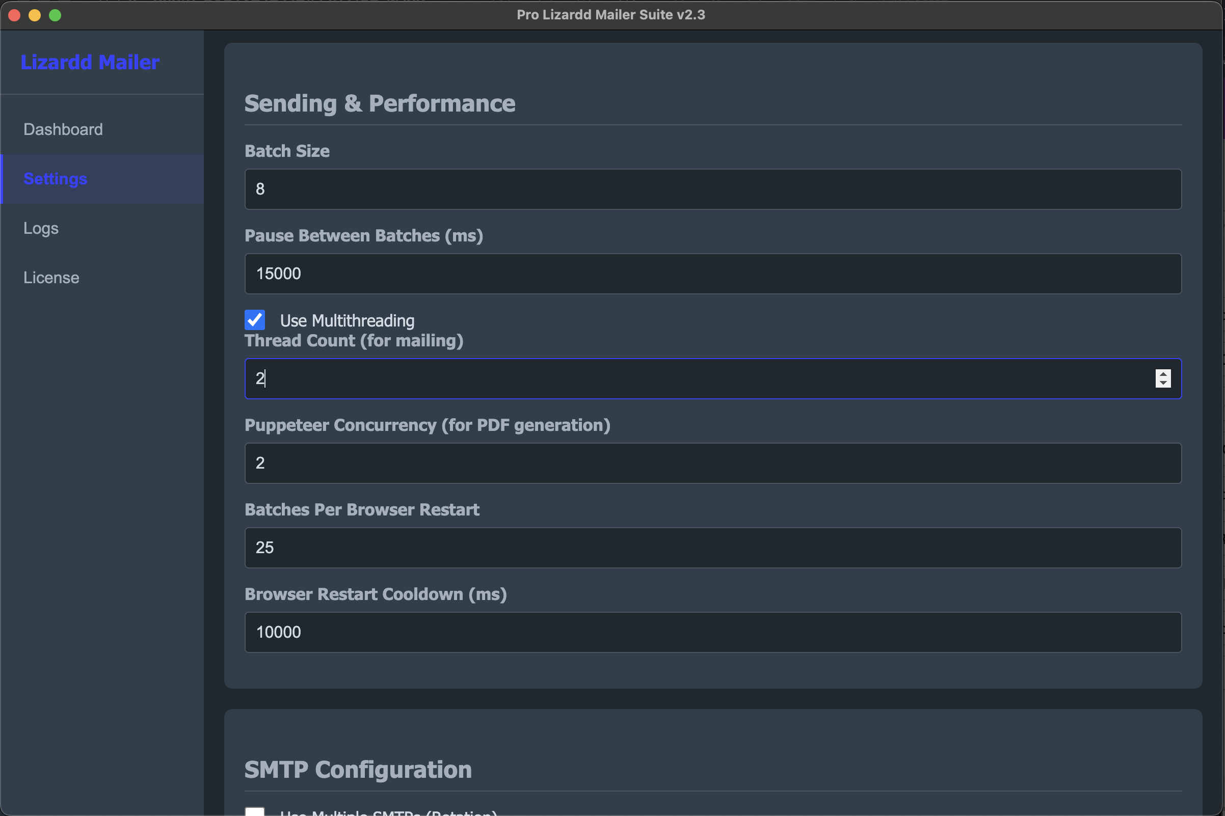 Screenshot of Lizardd Mailer Pro SMTP settings