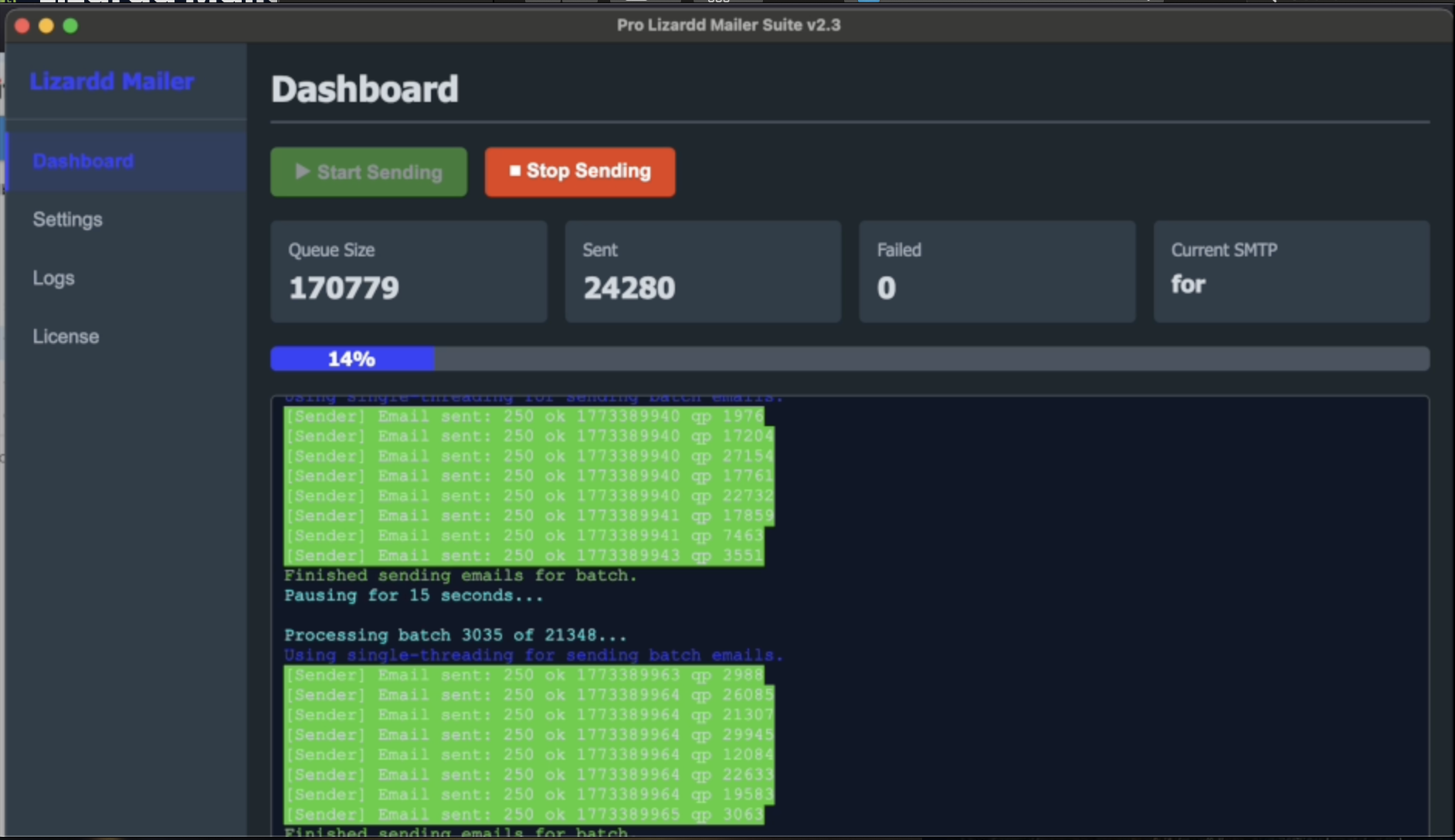 Screenshot of Lizardd Mailer Pro main dashboard