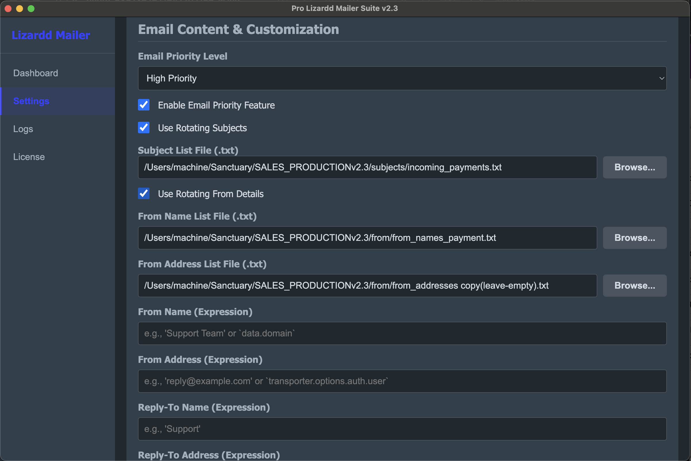 Screenshot of Lizardd Mailer Pro SMTP settings